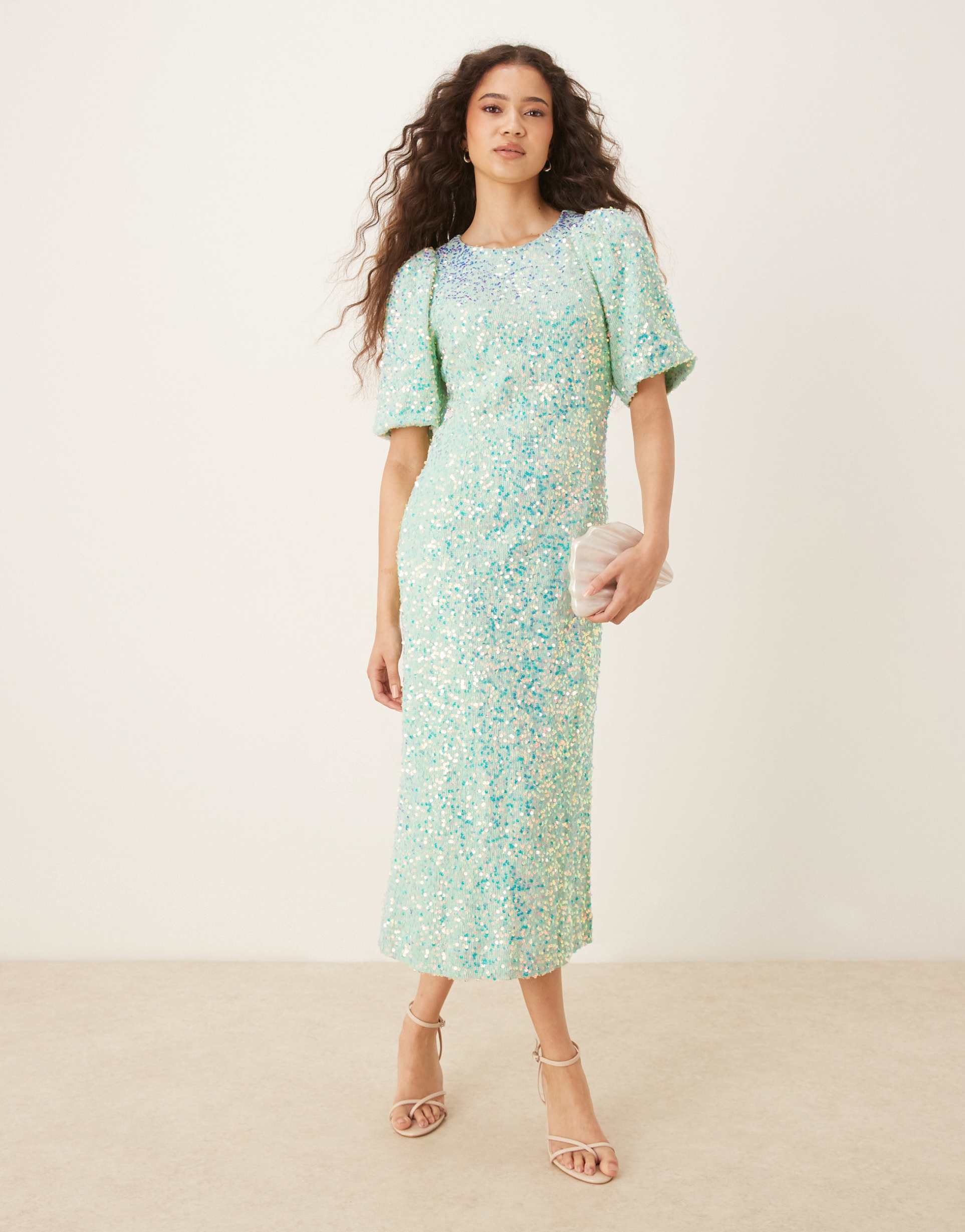 yas textured iridescent sequin midaxi tea dress in mist green