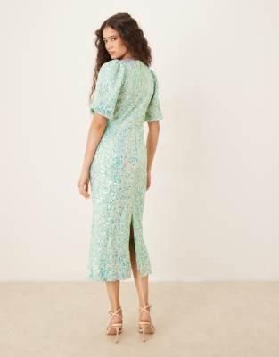 Y.a.s. Textured Iridescent Sequin Midaxi Tea Dress In Green