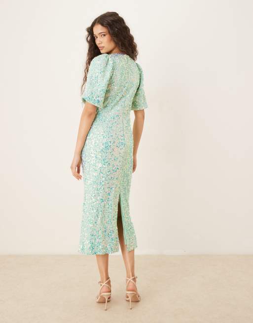 YAS textured iridescent sequin midaxi tea dress in mist green, 2 of 4