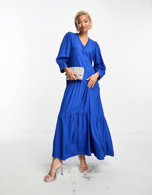Y.A.S textured jacquard cut out maxi dress in bright blue