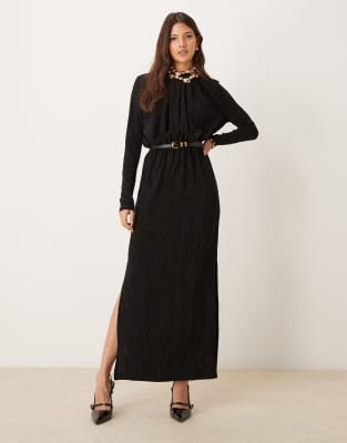 textured long sleeve glitter maxi dress in black