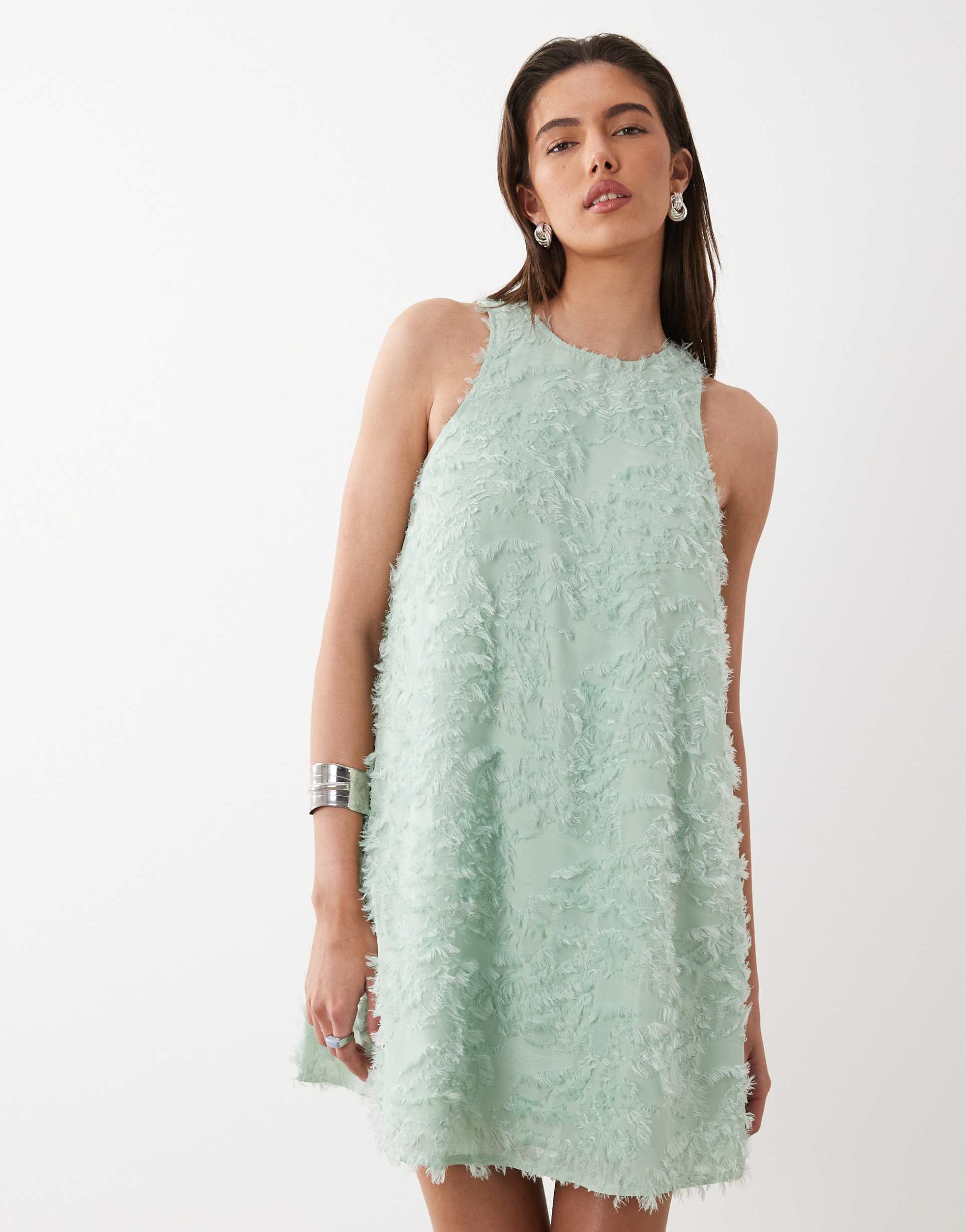 yas textured racer neck mini dress in sage green