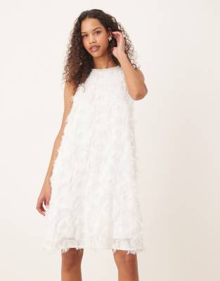 Y.a.s. Textured Racer Neck Mini Dress With Pearl-embellished Trim In White