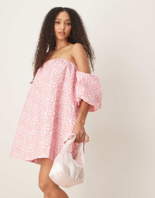 YAS textured rose jacquard off shoulder mini dress in pink, 2 of 4