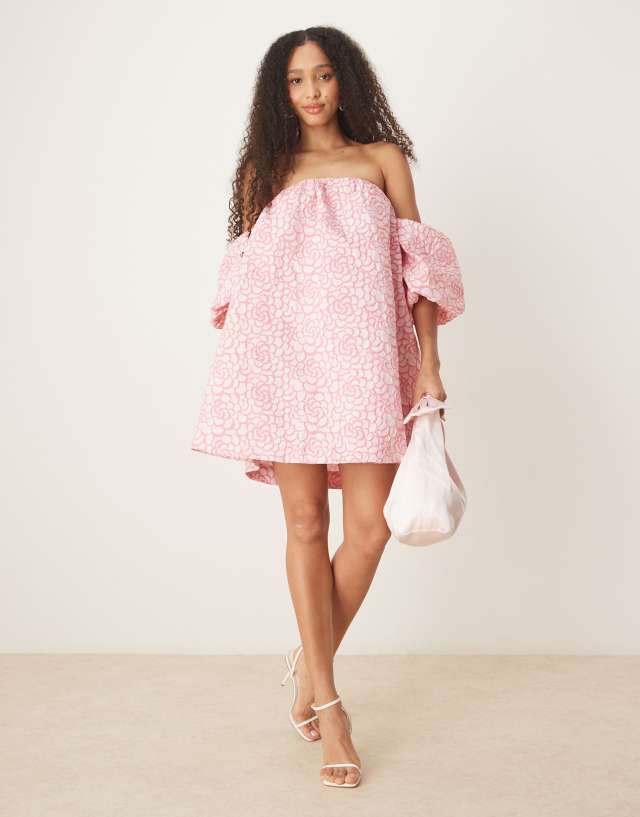 YAS textured rose jaquard off shoulder mini dress in pink | ASOS