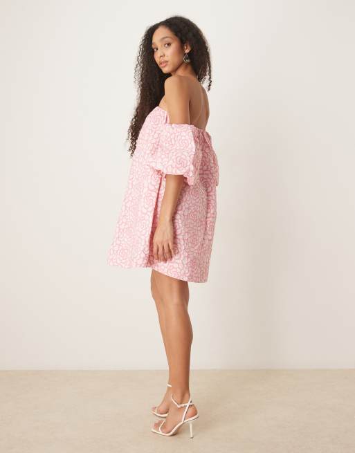 YAS textured rose jaquard off shoulder mini dress in pink, 4 of 4