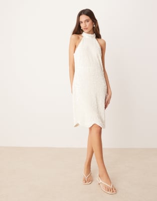 textured sequin high neck mini dress in white
