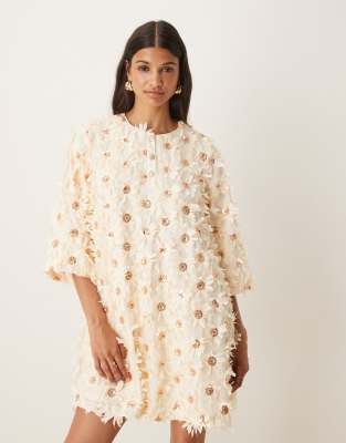Y.a.s. Textured Smock Mini Dress With Sequin Embellishment In Neutral