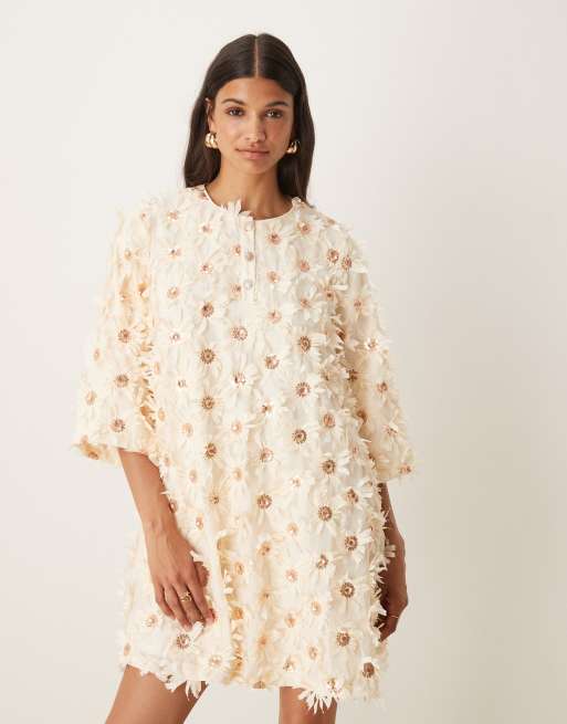 YAS textured smock mini dress with sequin embellishment in cream