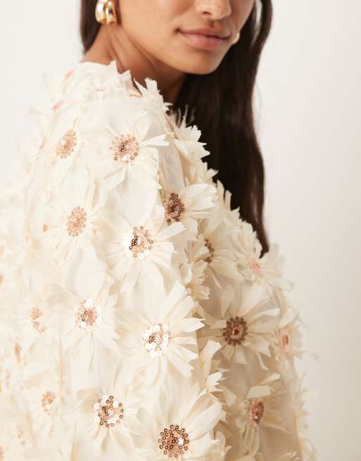YAS textured smock mini dress with sequin embellishment in cream, 3 of 4