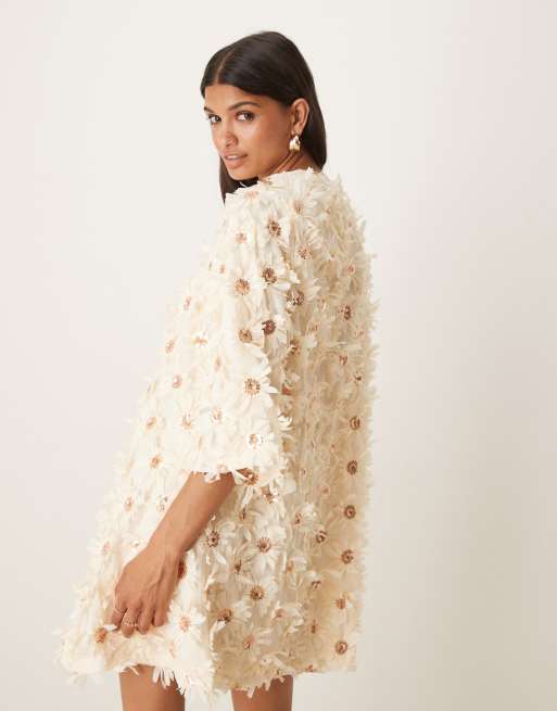 YAS textured smock mini dress with sequin embellishment in cream, 4 of 4