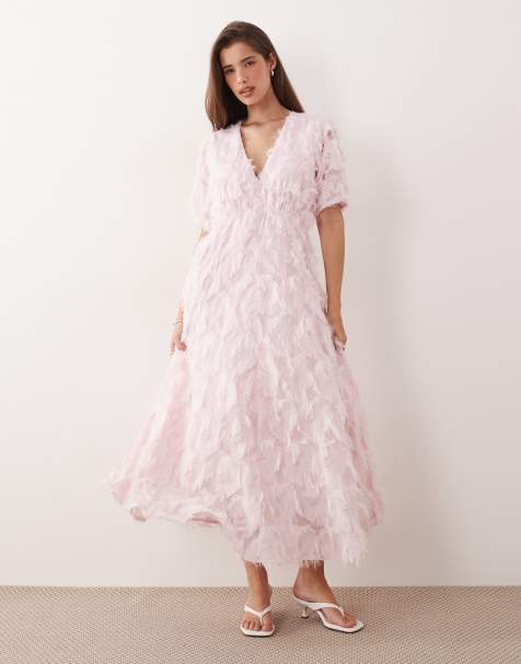 YAS textured v neck midi dress in ballerina pink - view 1