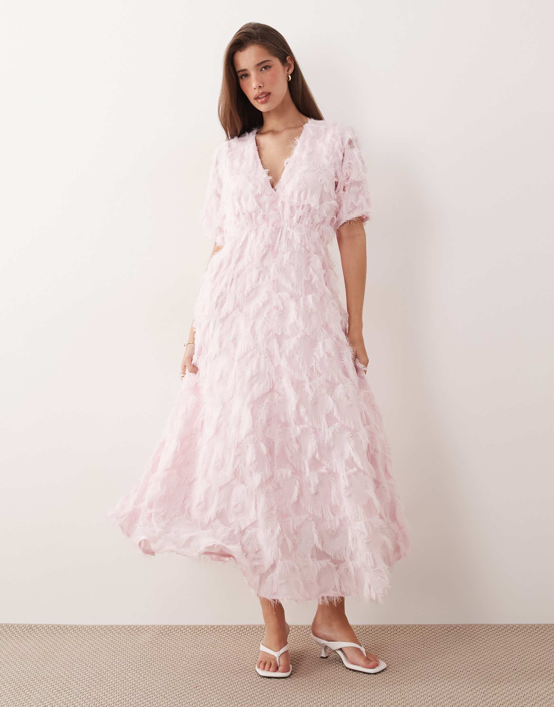 yas textured v-neck midi dress in ballerina pink