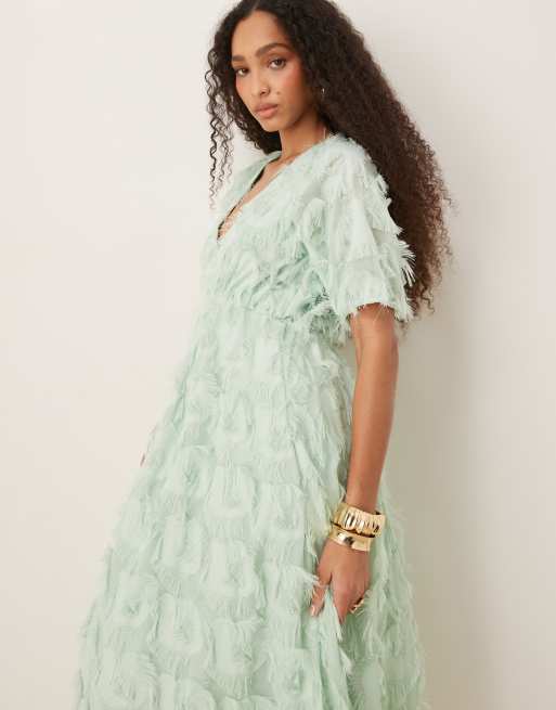 YAS textured v neck midi dress in mist green, 3 of 4