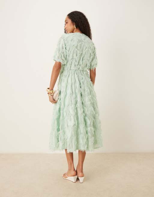 YAS textured v neck midi dress in mist green