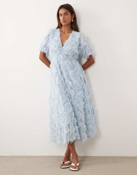 YAS textured v neck midi dress in pale blue - view 1