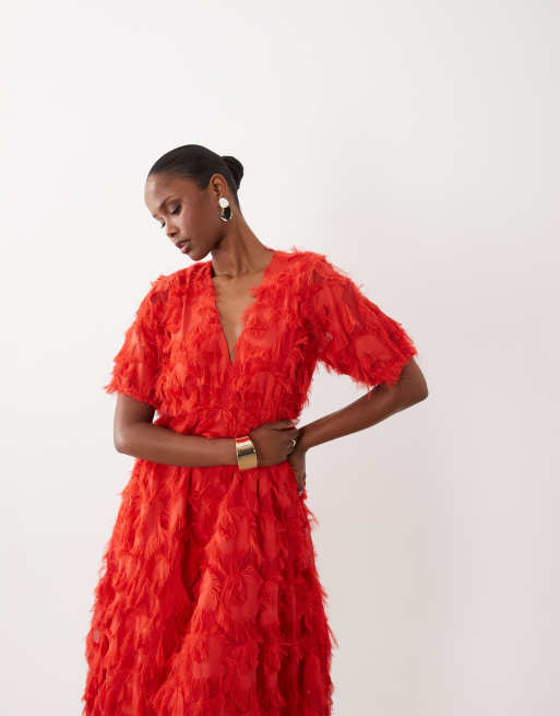 YAS textured v-neck midi dress in poinsettia red, 2 of 4