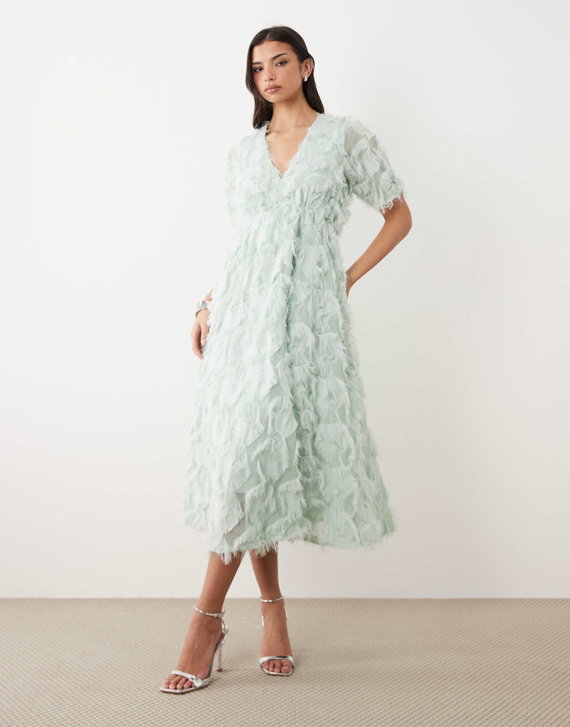 yas textured v neck midi dress in sage green