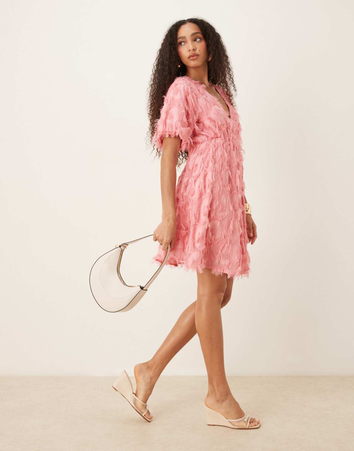 YAS textured v neck mini dress in bubblegum pink
