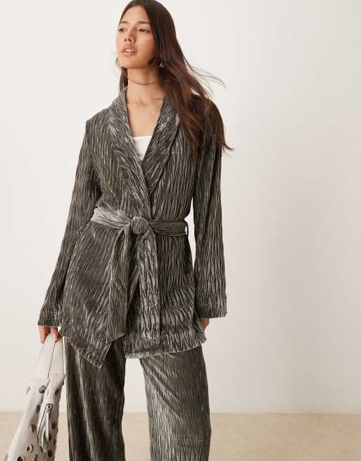 YAS textured velvet belted blazer in black ink (part of a set)