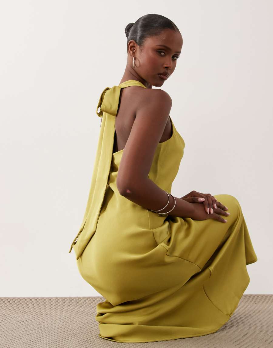 Y.A.S tie back halter neck satin maxi dress in moss green