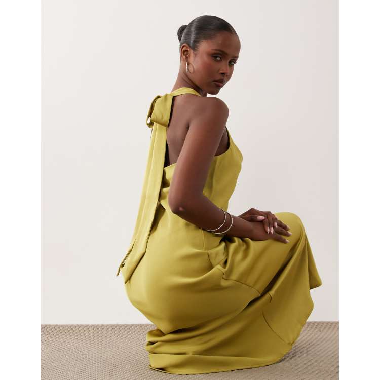 krisa tie back halter dress YAS neck satin midaxi in moss green Backless dress with