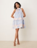[YAS] YAS tie back halterneck mini dress in painted pastel print-Multi 6 Coral Blush blue