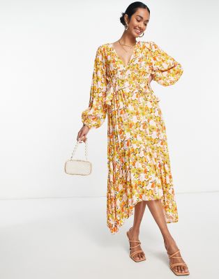 Y.a.s. Tie Back Hanky Hem Midi Dress In Yellow 70s Floral