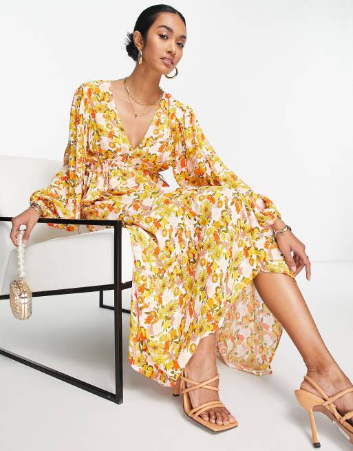 Y.A.S tie back hanky hem midi dress in yellow 70s floral | ASOS