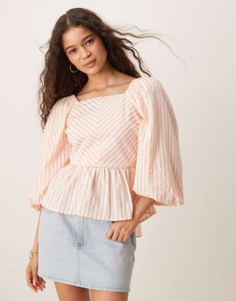 YAS tie back puff sleeve peplum hem top in pink and cream stripe - view 1