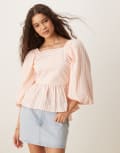 [YAS] YAS tie back puff sleeve peplum hem top in pink and cream stripe-White 6 Birch Stripe