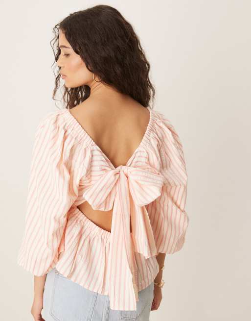 YAS tie back puff sleeve peplum hem top in pink and cream stripe, 2 of 4
