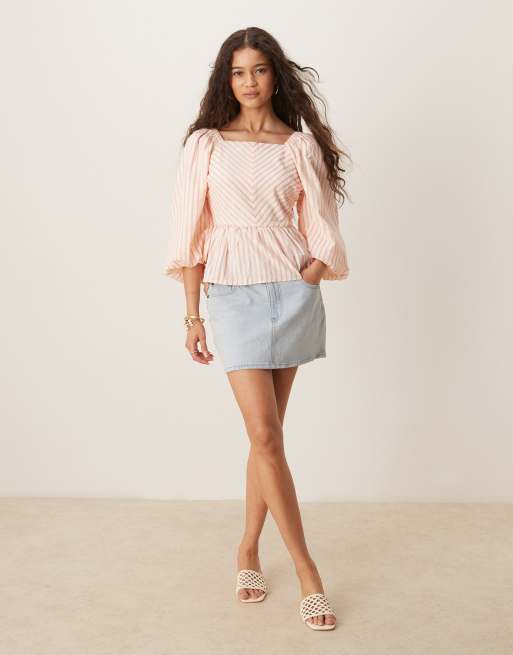 YAS tie back puff sleeve peplum hem top in pink and cream stripe, 3 of 4