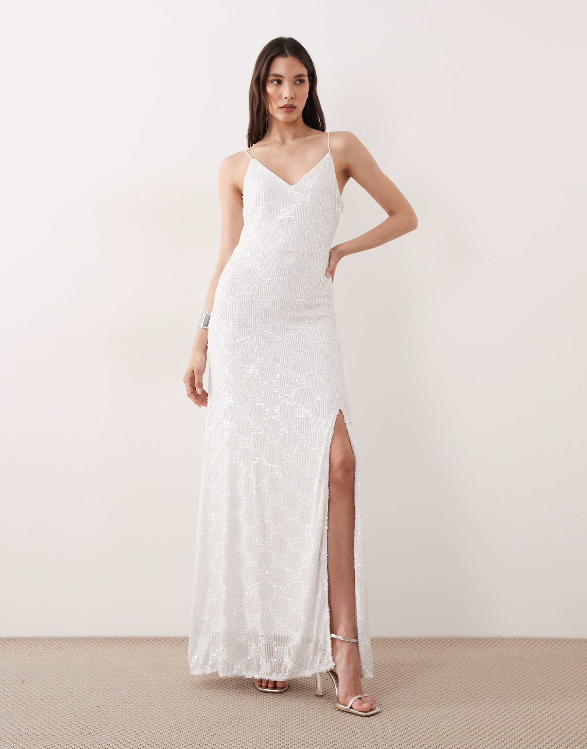 yas tie back textured sequin cami maxi dress in gardenia white