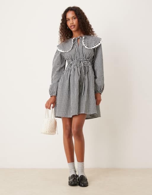YAS tie detail collared mini dress in black and white check, 2 of 4