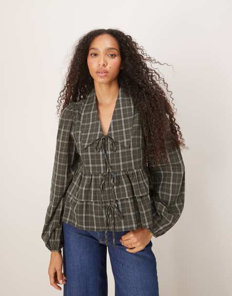 YAS tie front collared blouse in green check - view 1