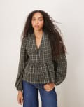 [YAS] YAS tie-front collared blouse in green check 14 Forest Night