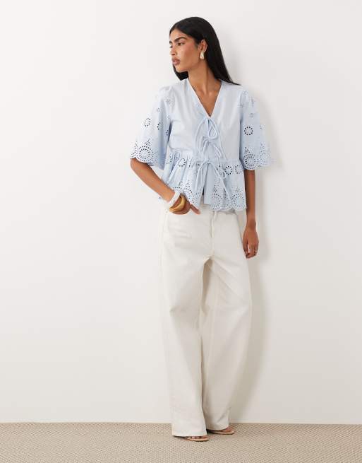 YAS tie front cotton broderie top in sky blue, 2 of 4