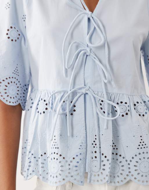 YAS tie front cotton broderie top in sky blue, 3 of 4