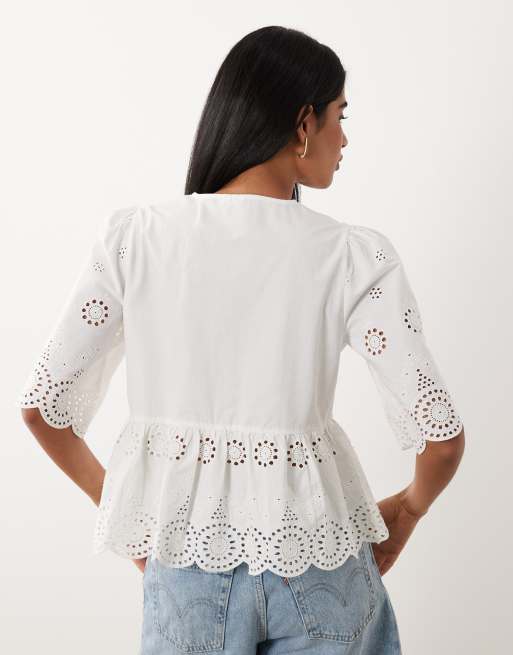YAS tie front cotton broderie top in white, 4 of 4
