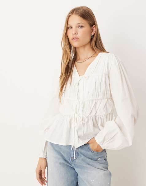 YAS tie front long sleeve blouse in white - view 1