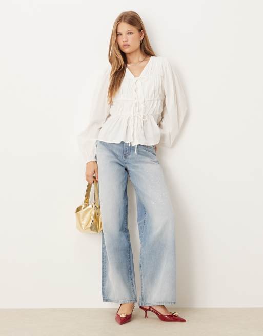 YAS tie front long sleeve blouse in white, 2 of 4