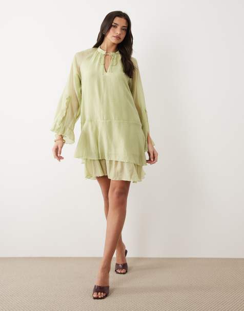 YAS tie front long sleeve boho mini dress in winter green - view 1
