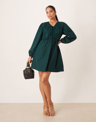 YAS tie front long sleeve mini dress in deep jewel green