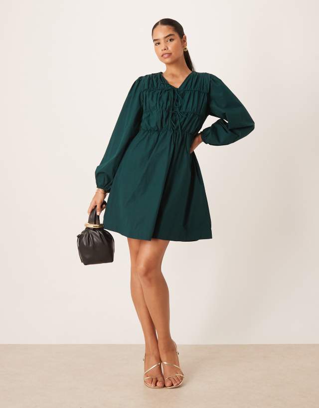 YAS tie front long sleeve mini dress in deep jewel green