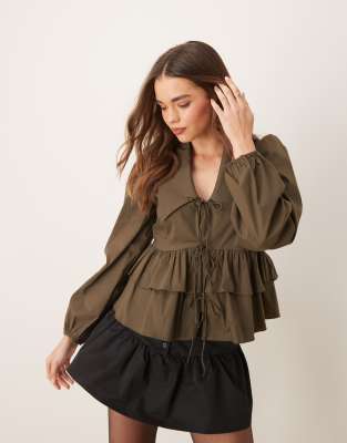 YAS YAS tie front long sleeve tiered shirt in kalamanta green