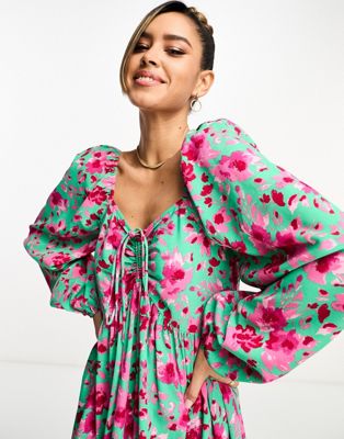 Y.A.S tie front midi dress with balloon sleeves in green floral print | ASOS