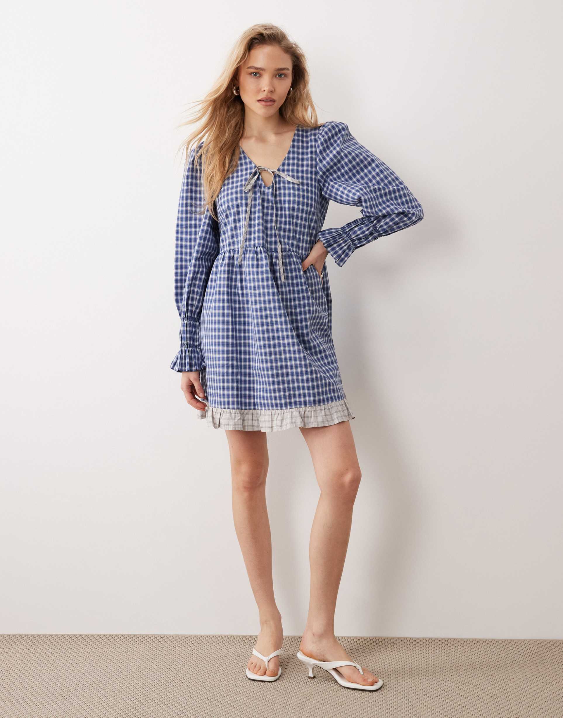yas tie front mini dress in blue and white gingham print