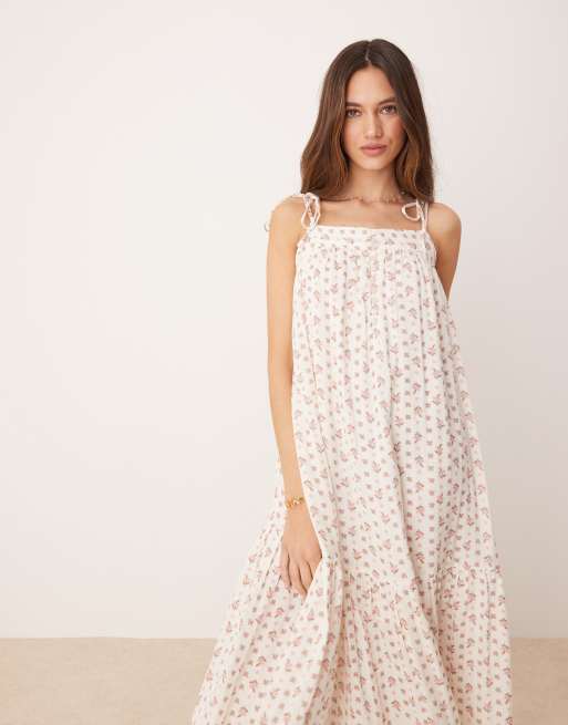 YAS tie-shoulder boho smock maxi dress in ditsy pink floral print, 3 of 4