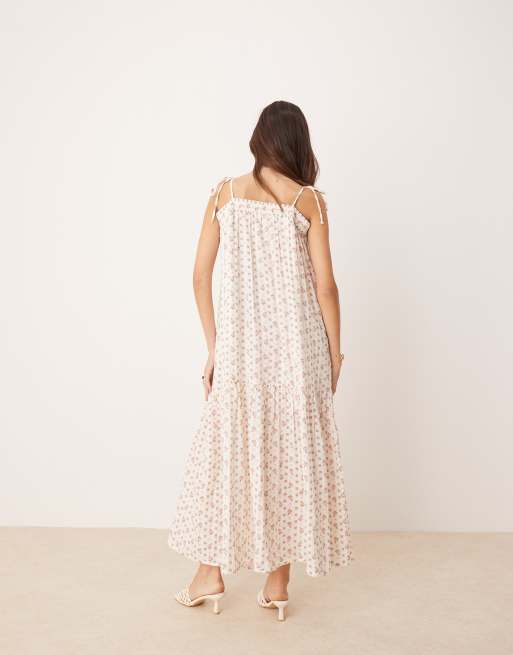 YAS tie-shoulder boho smock maxi dress in ditsy pink floral print, 4 of 4